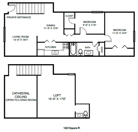 2 BR Loft (1.5 Bath(